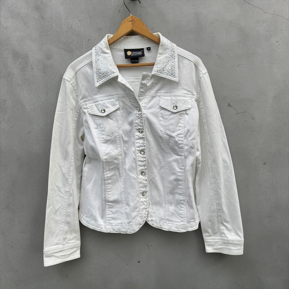 Christine Alexander White Rhinestone Denim Jacket Womens XL Stretch Cotton Bling